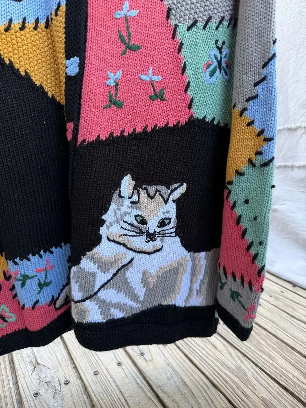Vintage Storybook Knits Patchwork Cat Cardigan Sweater - Picture 2 of 9